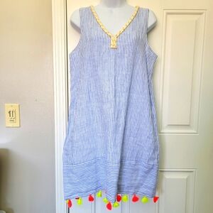 Vineyard Vines Linen Blue White Striped Sleeveless Dress Neon Tassels Size XS